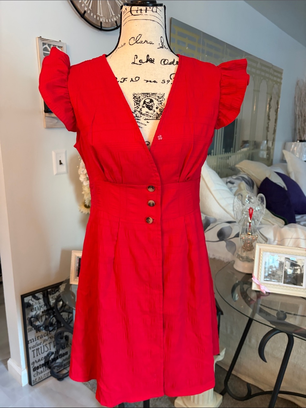 SHEIN Red Ruffle-Sleeve Button-Front Mini Dress - Picture 2 of 7